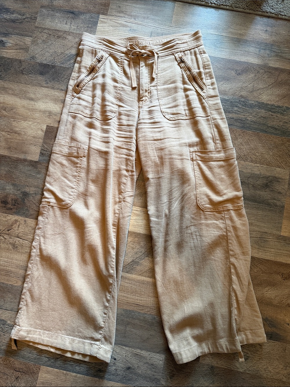 American Eagle Outfitters Tan Dreamy Drape Baggy Wide Leg Cargo Drawstring Pants